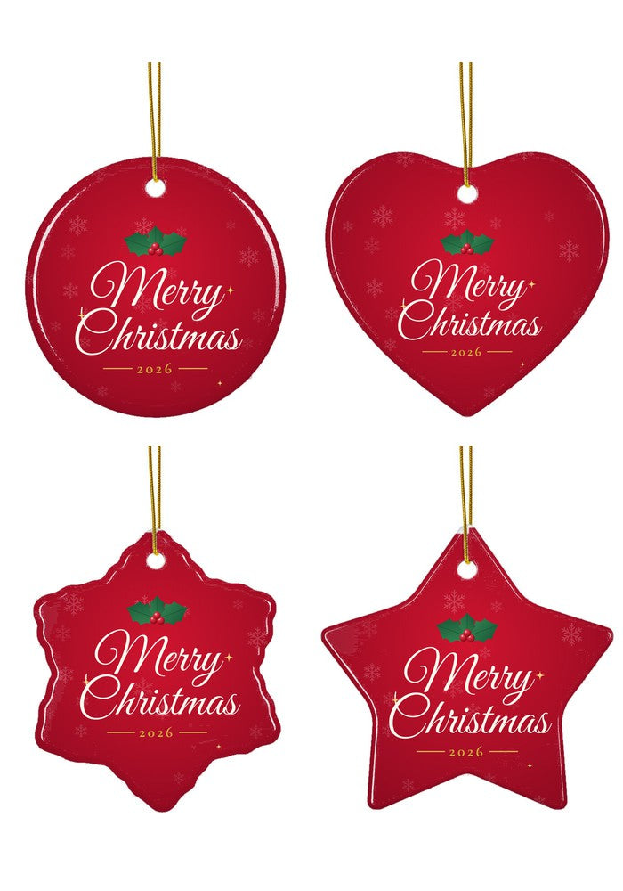 Merry Christmas 2026 ornament in all four shapes: circle, heart, snowflake and star