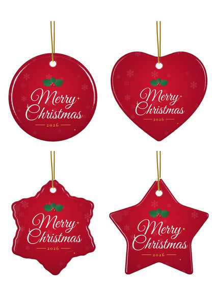 Merry Christmas 2026 ornament in all four shapes: circle, heart, snowflake and star