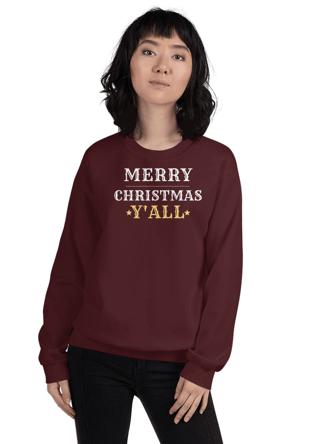 Merry Christmas Y'all Western Sweatshirt in Maroon