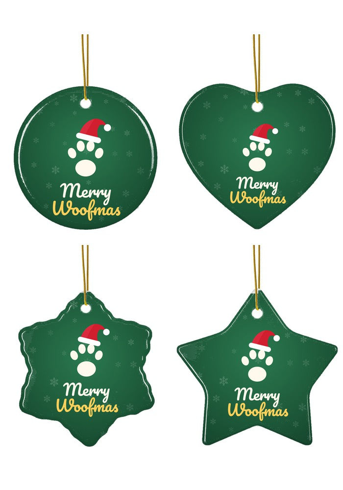 Merry Woofmas Dog Paw ornament in all four shapes: circle, heart, snowflake and star