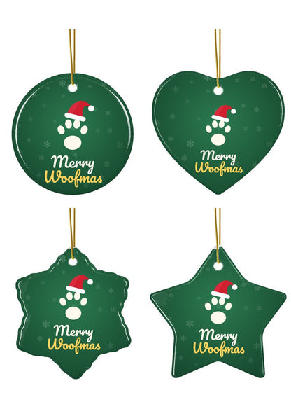 Merry Woofmas Dog Paw ornament in all four shapes: circle, heart, snowflake and star