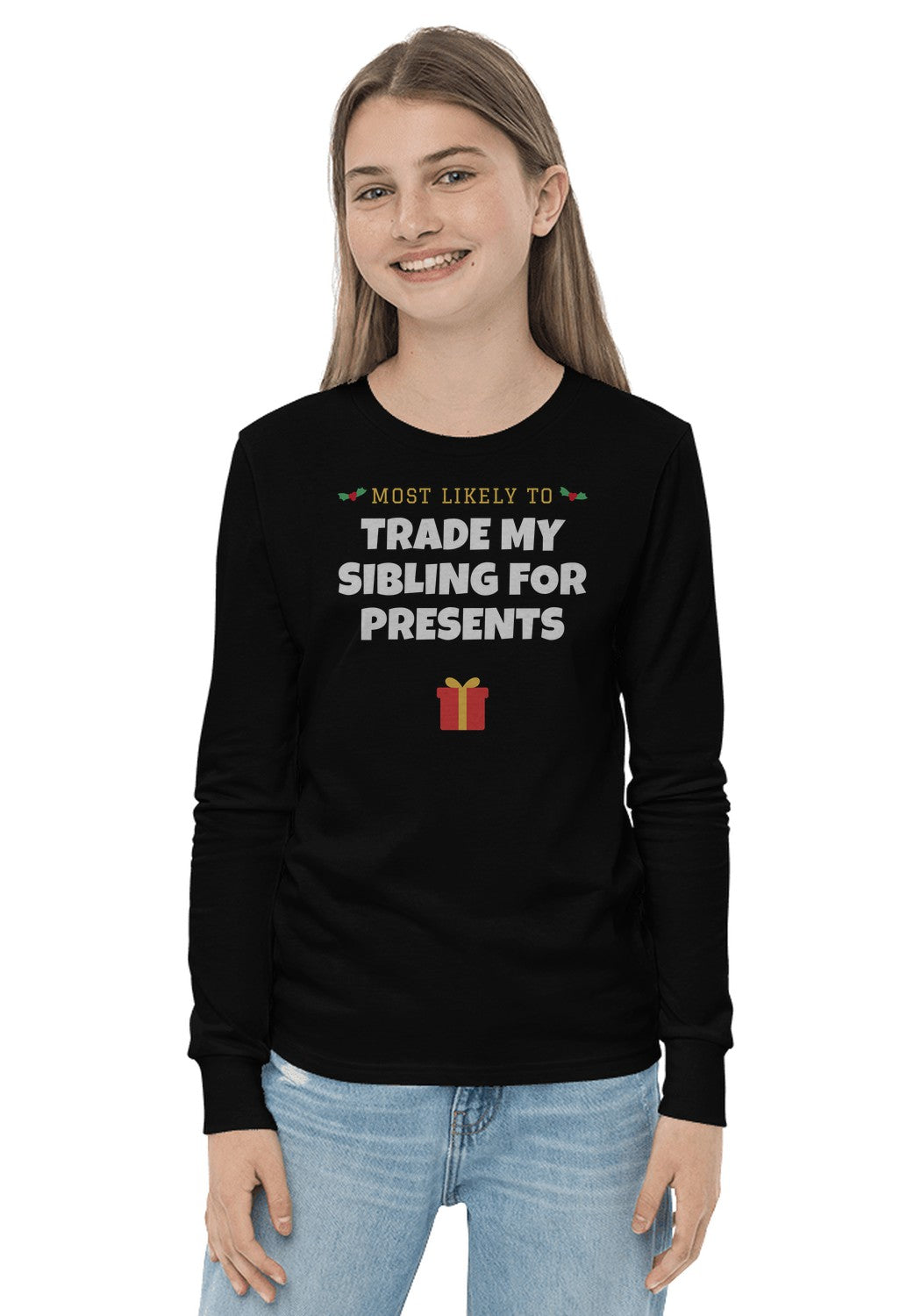 Trade My Sibling for Presents long sleeve pajama tee in Black