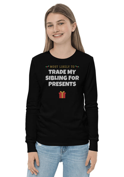 Trade My Sibling for Presents long sleeve pajama tee in Black