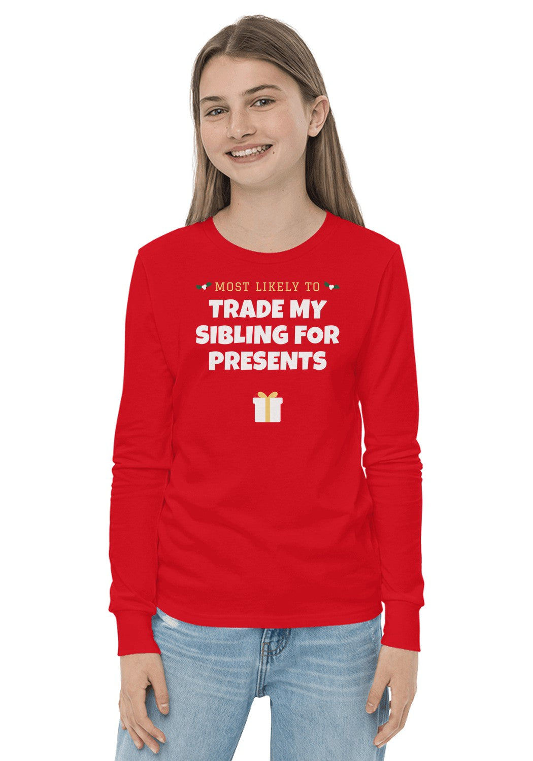 Trade My Sibling for Presents long sleeve pajama tee in Red