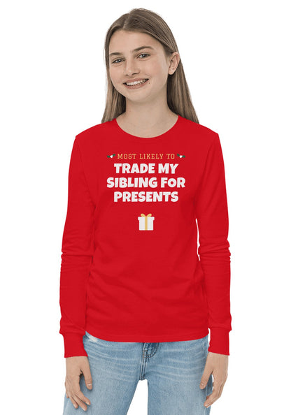 Trade My Sibling for Presents long sleeve pajama tee in Red