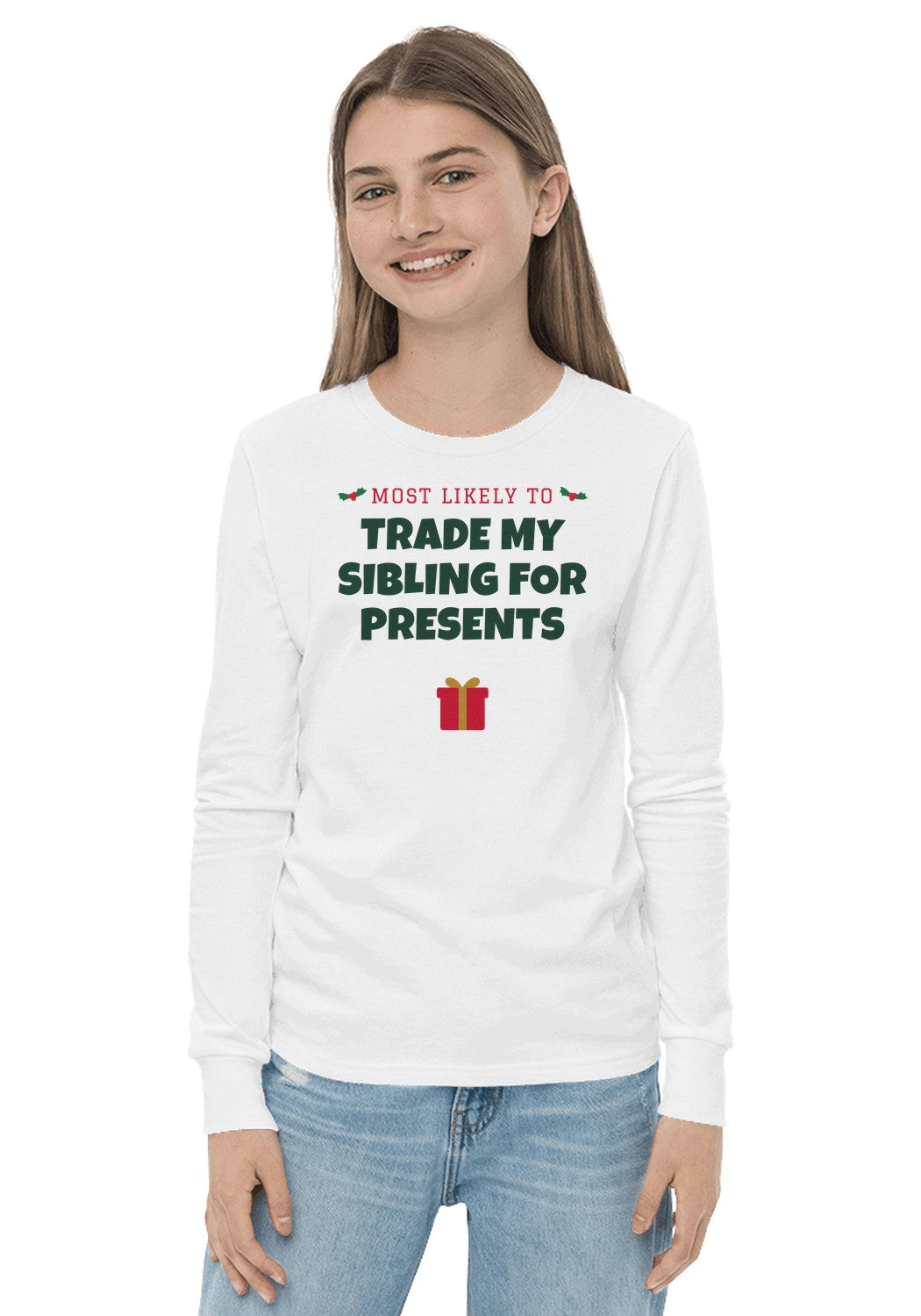 Trade My Sibling for Presents long sleeve pajama tee in White