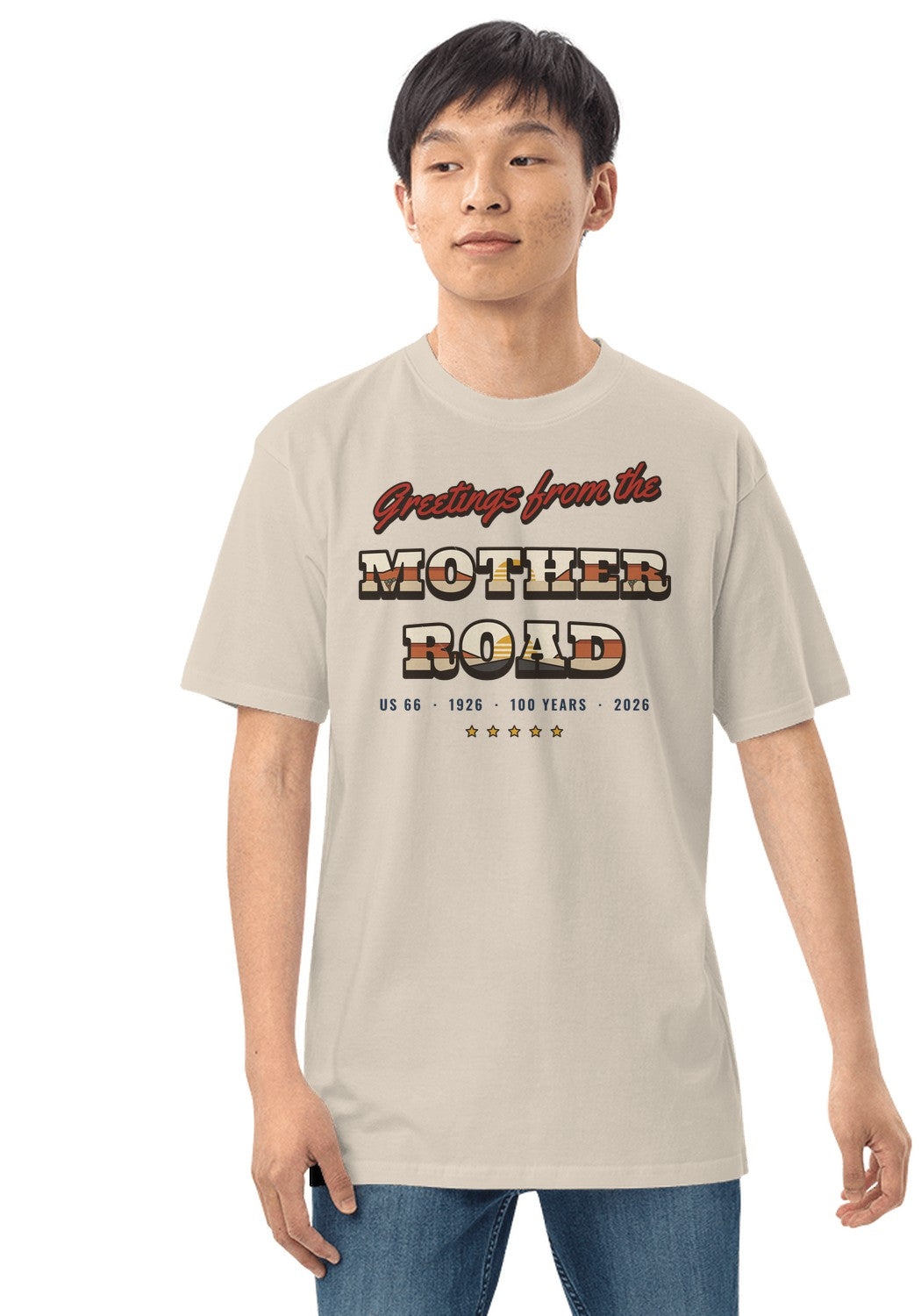Greetings from the Mother Road t-shirt in Heather Dust