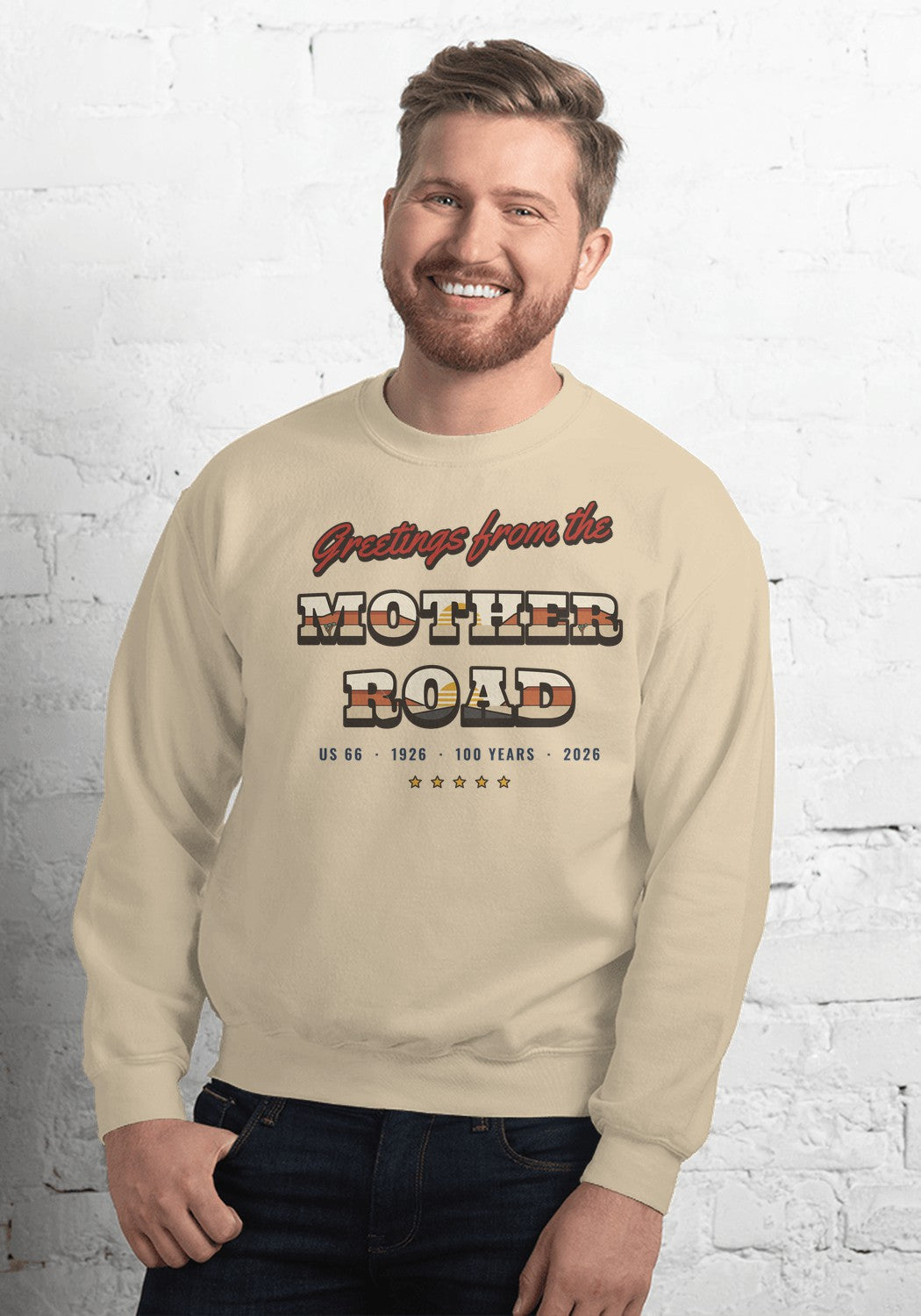 Greetings from the Mother Road sweatshirt in Sand