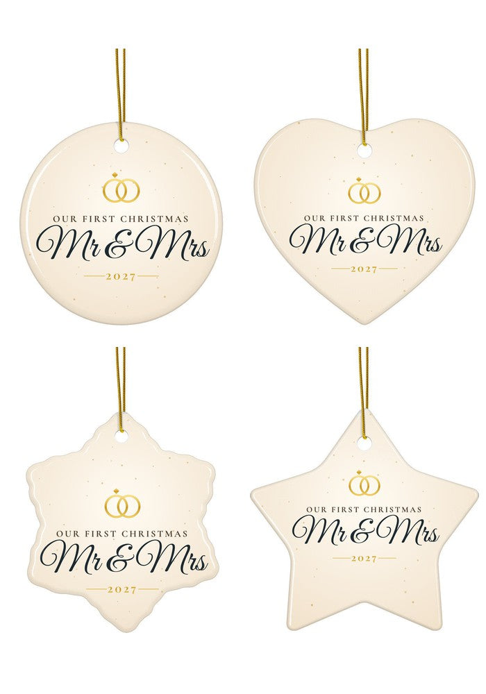 Our First Christmas as Mr & Mrs ornament in circle, heart, snowflake and star