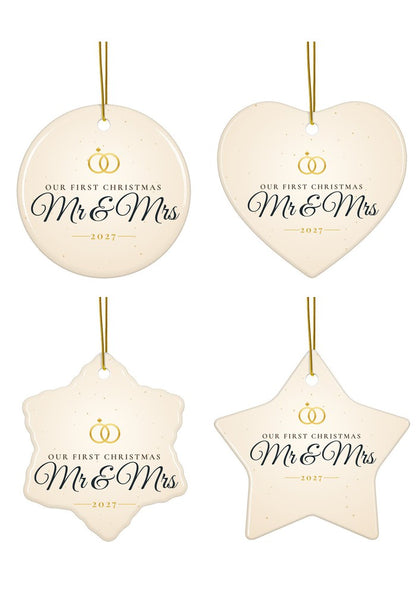 Our First Christmas as Mr & Mrs ornament in circle, heart, snowflake and star