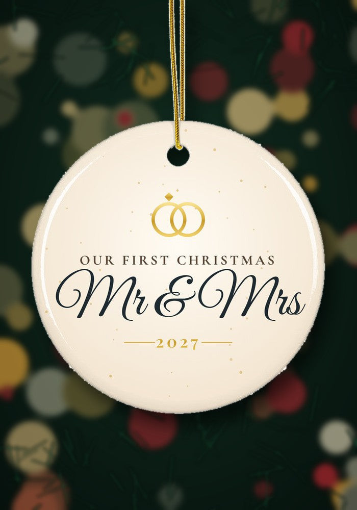 Our First Christmas as Mr & Mrs ornament hanging on a Christmas tree