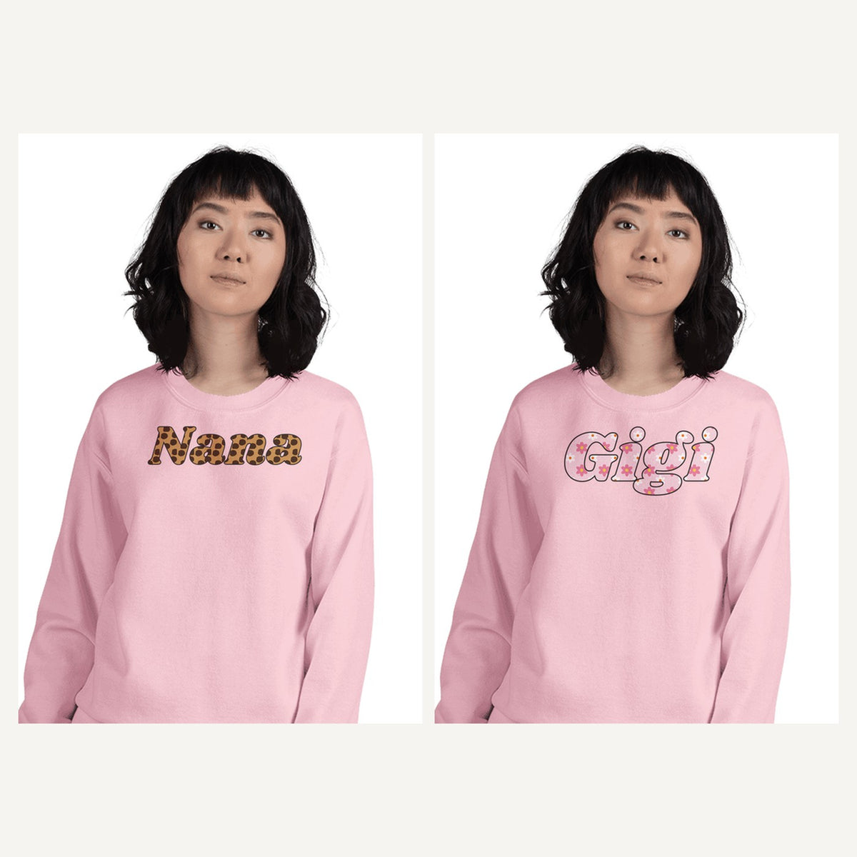 Nana, Gigi, Mimi and Grandma Sweatshirts in Light Pink, matching set