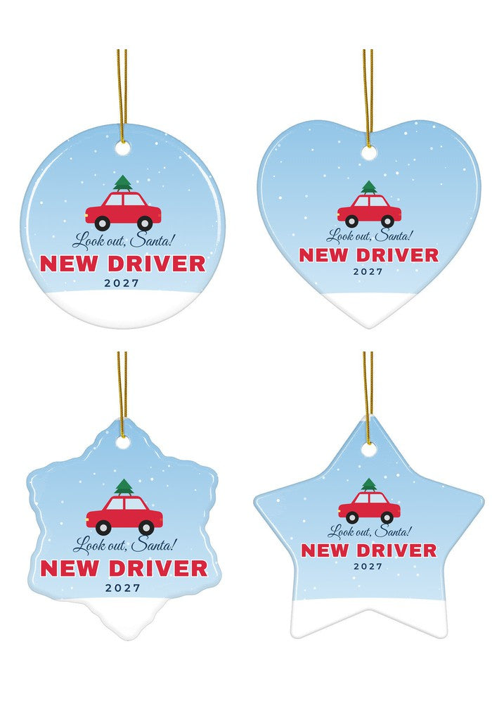 New Driver Christmas ornament in circle, heart, snowflake and star