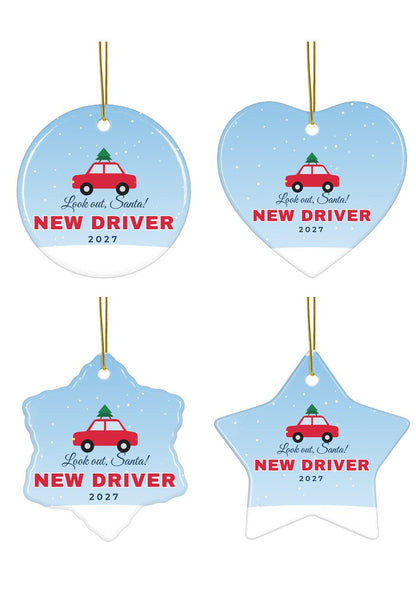 New Driver Christmas ornament in circle, heart, snowflake and star