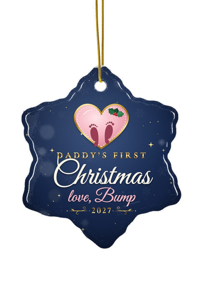 Daddy's First, Love Bump ornament dated 2027, snowflake shape