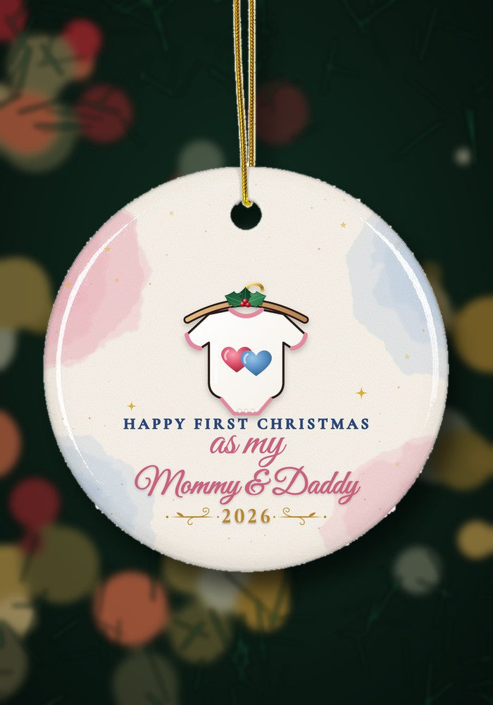 First Christmas as my Mommy and Daddy ornament hanging on a Christmas tree