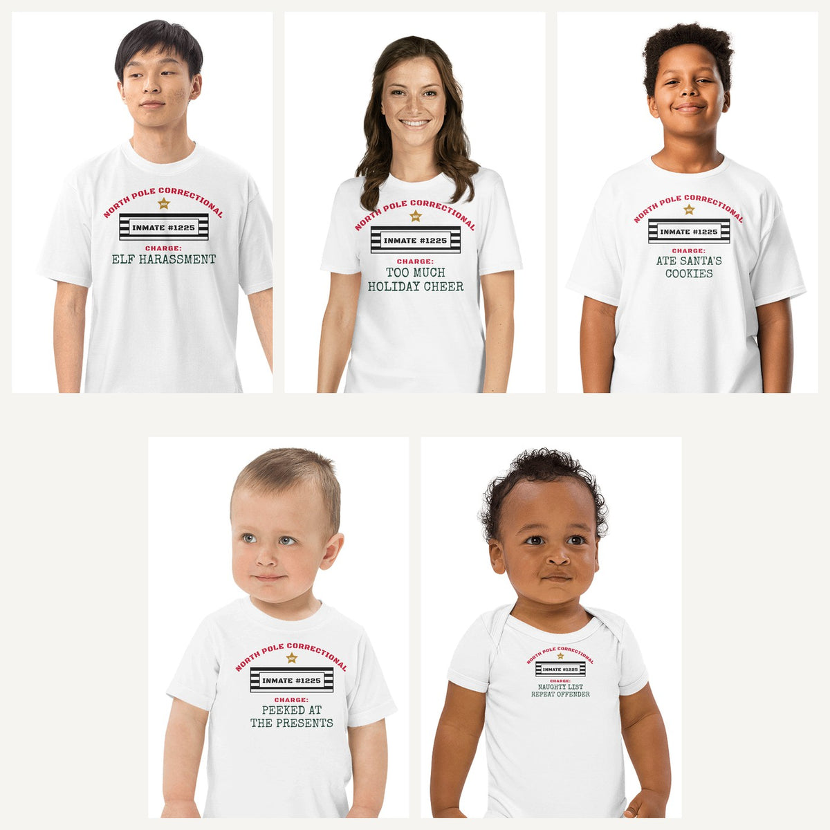 North Pole Correctional Family Christmas Shirts in White, family set