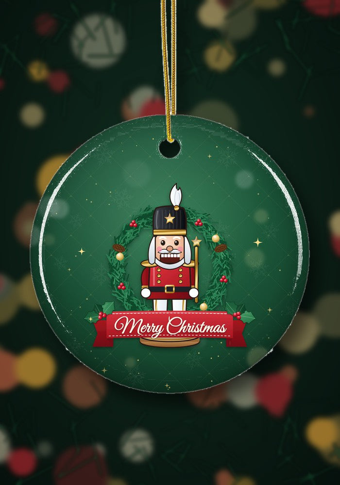 Nutcracker soldier Christmas ornament hanging on a Christmas tree