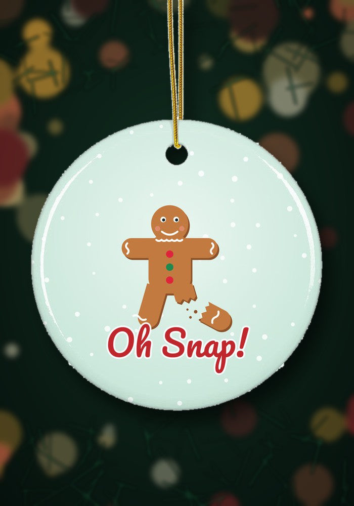 Oh Snap! Gingerbread Man ornament hanging on a Christmas tree