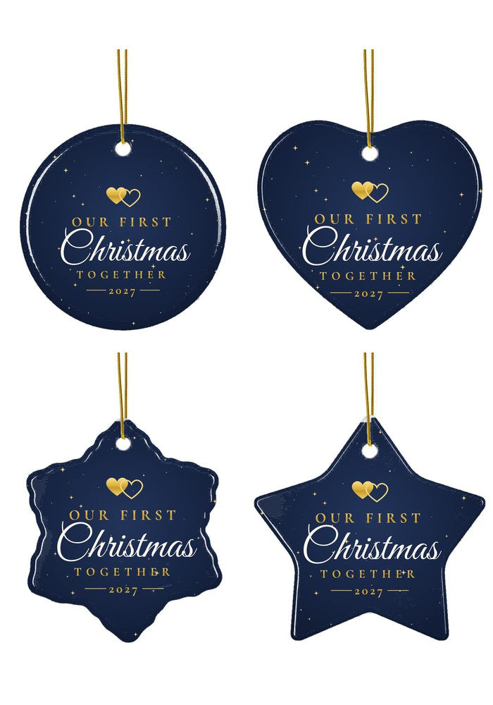 Our First Christmas Together 2026 ornament in all four shapes: circle, heart, snowflake and star