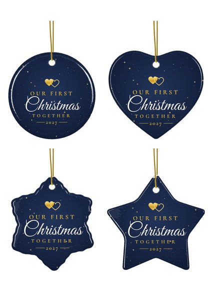 Our First Christmas Together 2026 ornament in all four shapes: circle, heart, snowflake and star