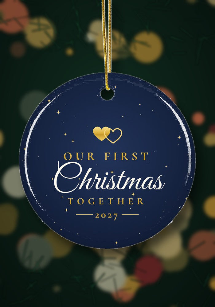 Our First Christmas Together 2026 ornament hanging on a Christmas tree