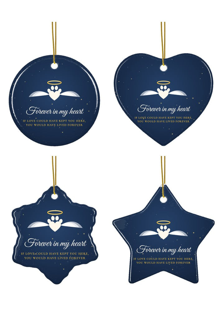 Pet memorial ornament with angel paw in circle, heart, snowflake and star