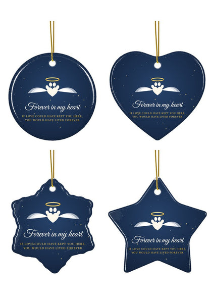 Pet memorial ornament with angel paw in circle, heart, snowflake and star