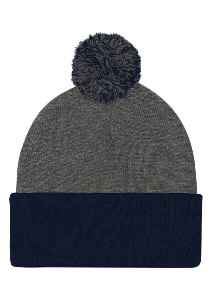 Custom Embroidered Pom-Pom Beanie in Dark Heather Grey/ Navy