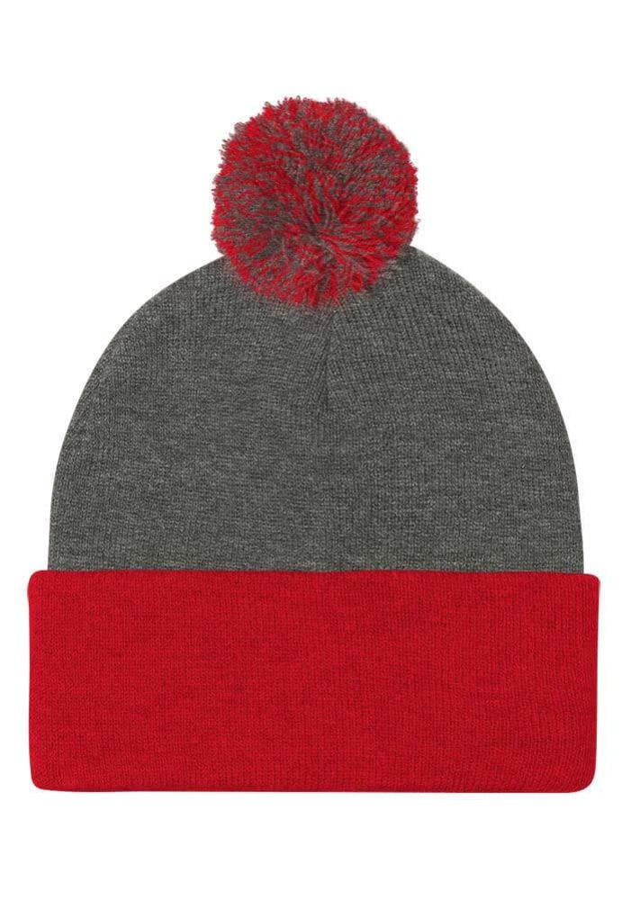 Custom Embroidered Pom-Pom Beanie in Dark Heather Grey/ Red