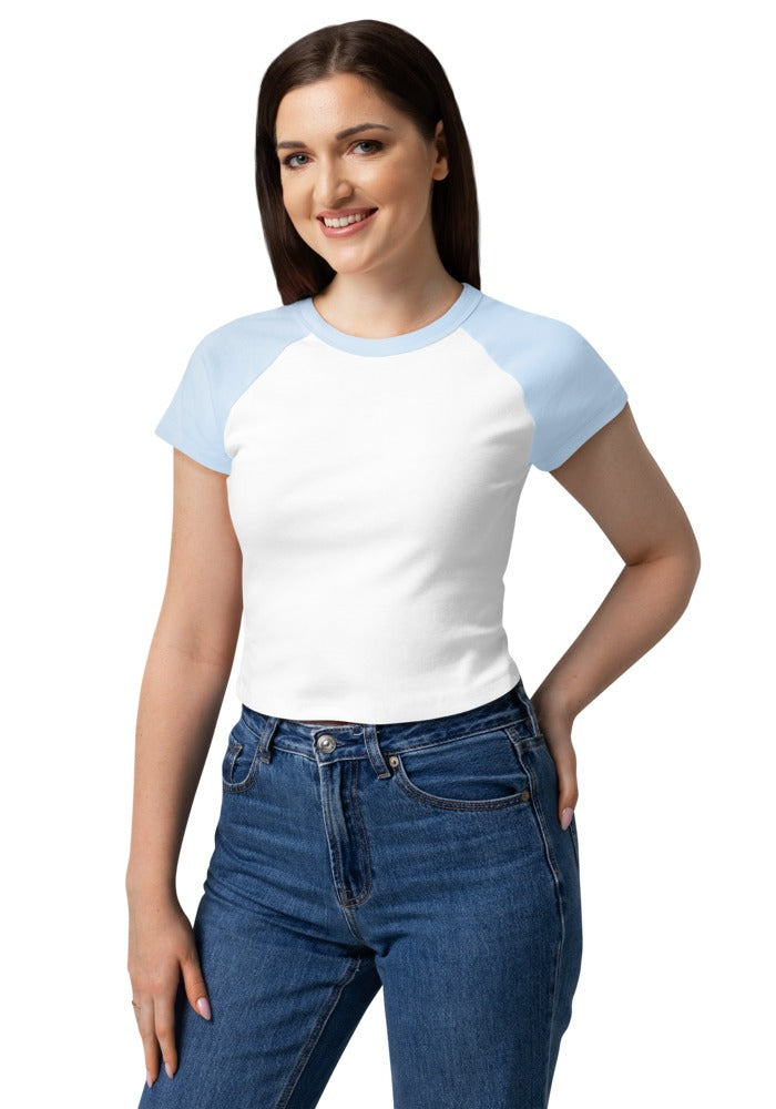 Custom Women's Rib Baby Tee in White/Baby Blue