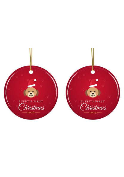 Puppy's First Christmas ornament dated 2026 or 2027