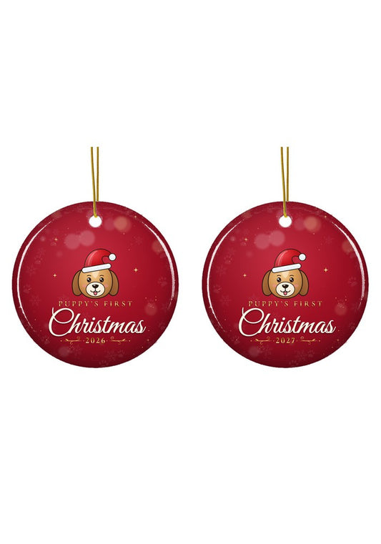 Puppy's First Christmas ornament dated 2026 or 2027