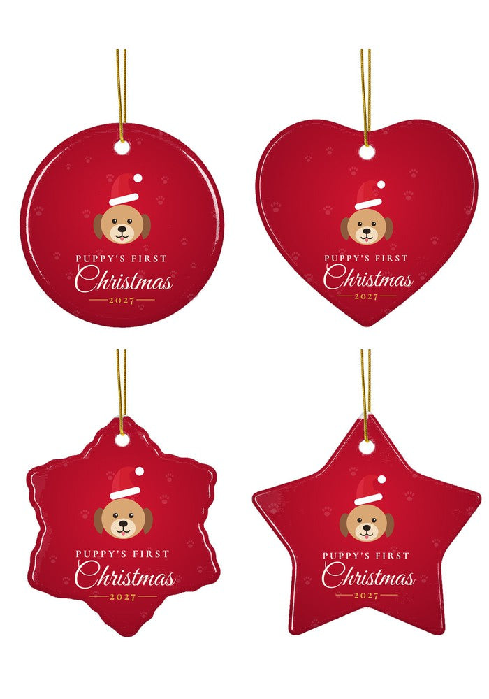 Puppy's First Christmas ornament in circle, heart, snowflake and star
