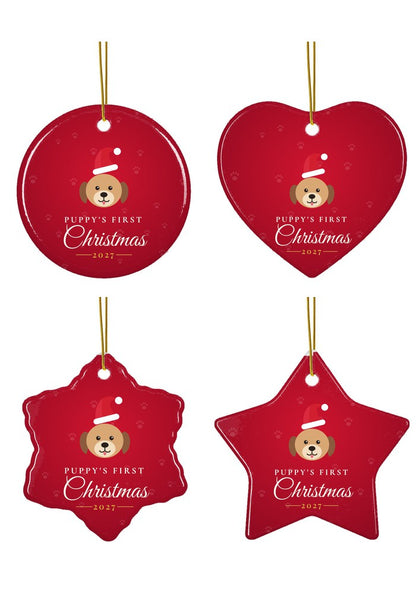 Puppy's First Christmas ornament in circle, heart, snowflake and star