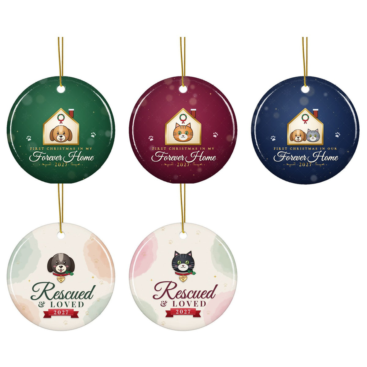 Rescue pet first Christmas in forever home ornament: all designs