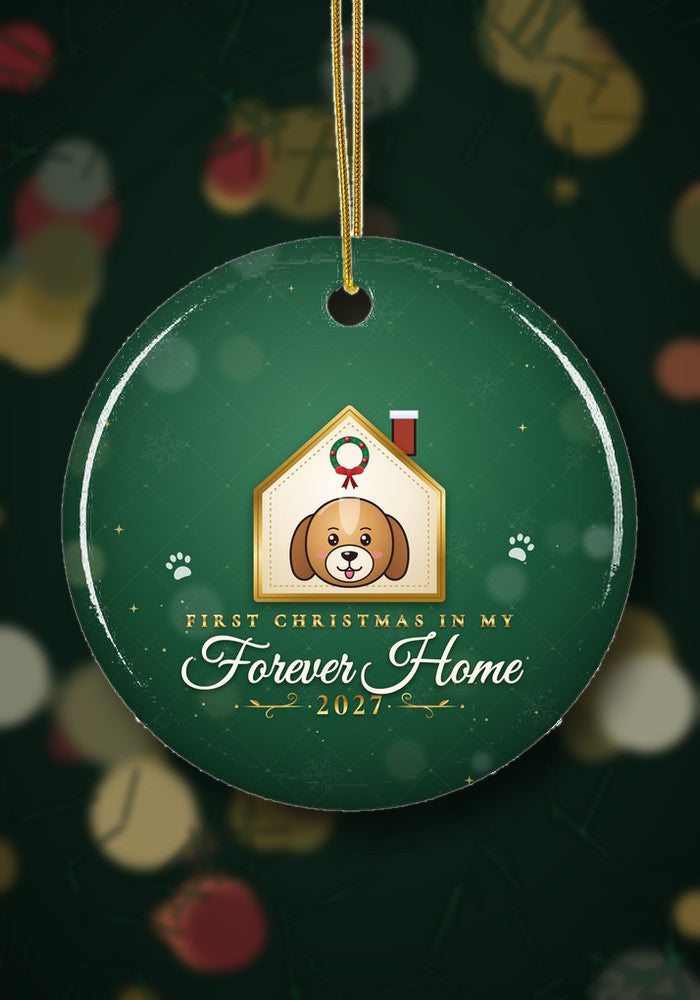 Rescue pet first Christmas in forever home ornament hanging on a Christmas tree