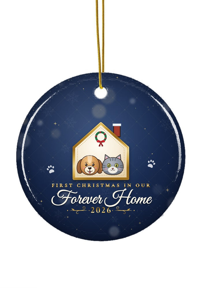 Our Forever Home, Dog and Cat ornament, circle shape