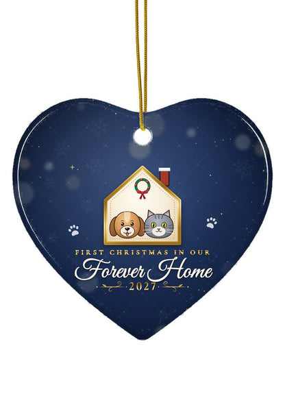 Our Forever Home, Dog and Cat ornament dated 2027, heart shape