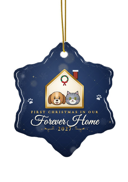 Our Forever Home, Dog and Cat ornament dated 2027, snowflake shape