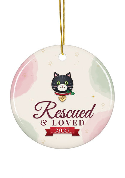 Rescued and Loved, Cat ornament dated 2027, circle shape