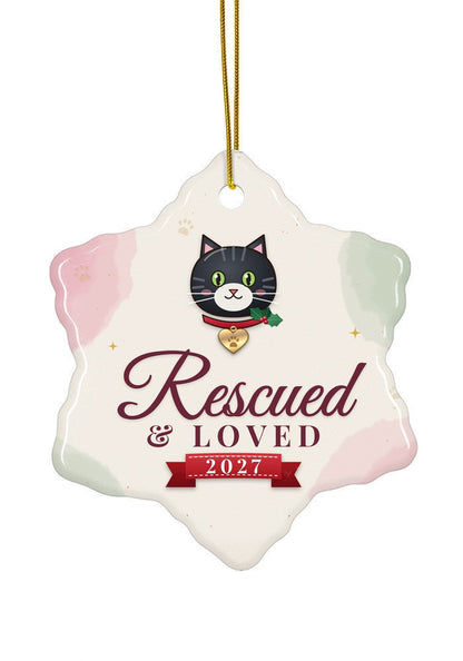 Rescued and Loved, Cat ornament dated 2027, snowflake shape