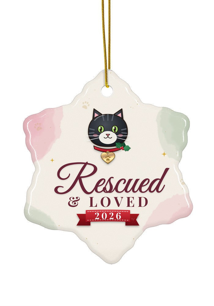 Rescued and Loved, Cat ornament, snowflake shape