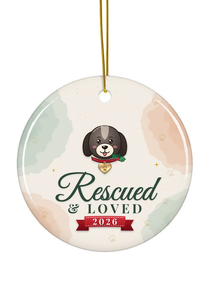 Rescued and Loved, Dog ornament, circle shape