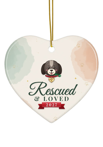 Rescued and Loved, Dog ornament dated 2027, heart shape