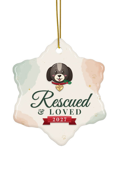 Rescued and Loved, Dog ornament dated 2027, snowflake shape