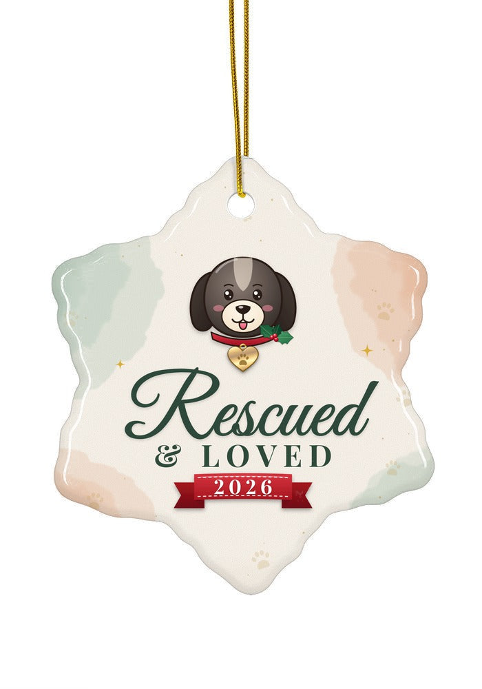 Rescued and Loved, Dog ornament, snowflake shape
