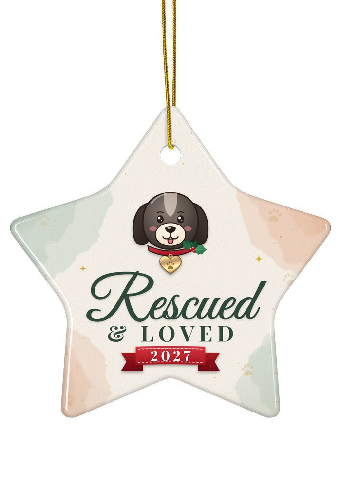Rescued and Loved, Dog ornament dated 2027, star shape