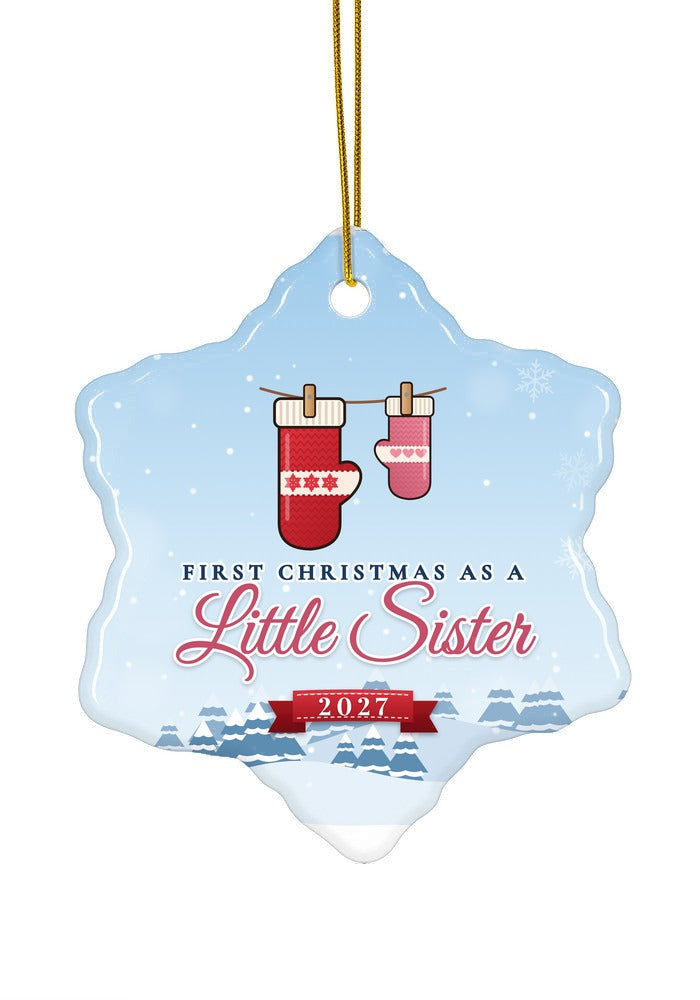 Little Sister ornament dated 2027, snowflake shape