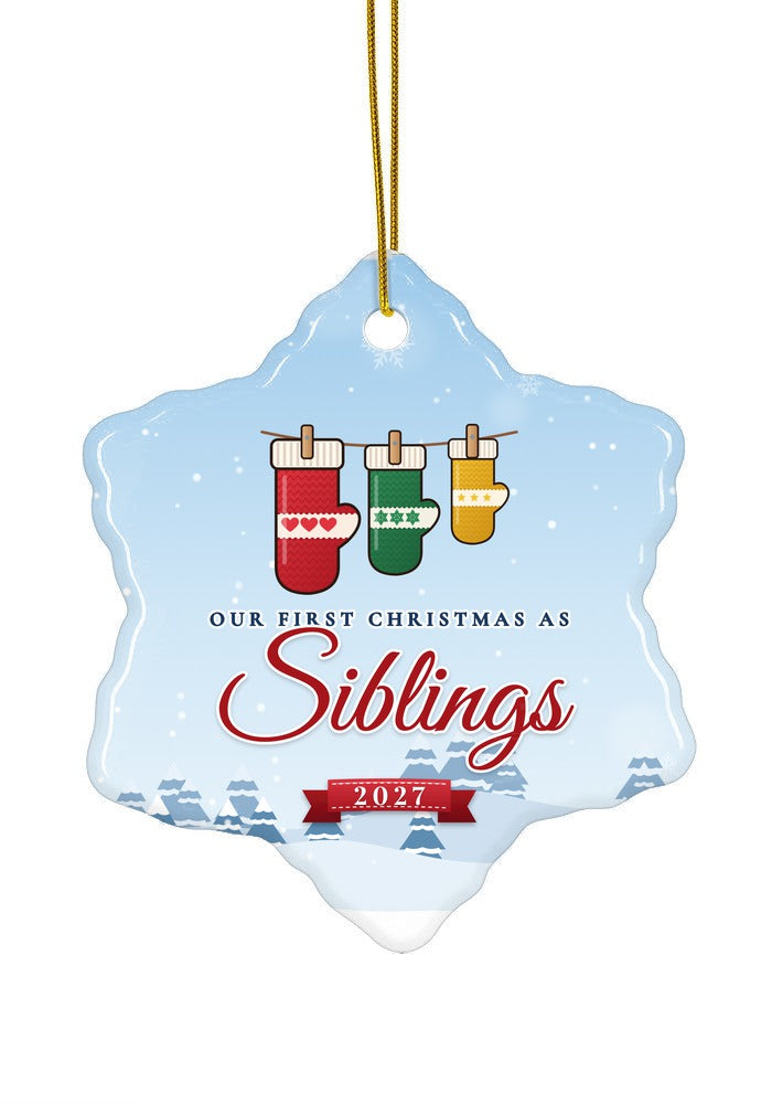 Our First Christmas as Siblings ornament dated 2027, snowflake shape